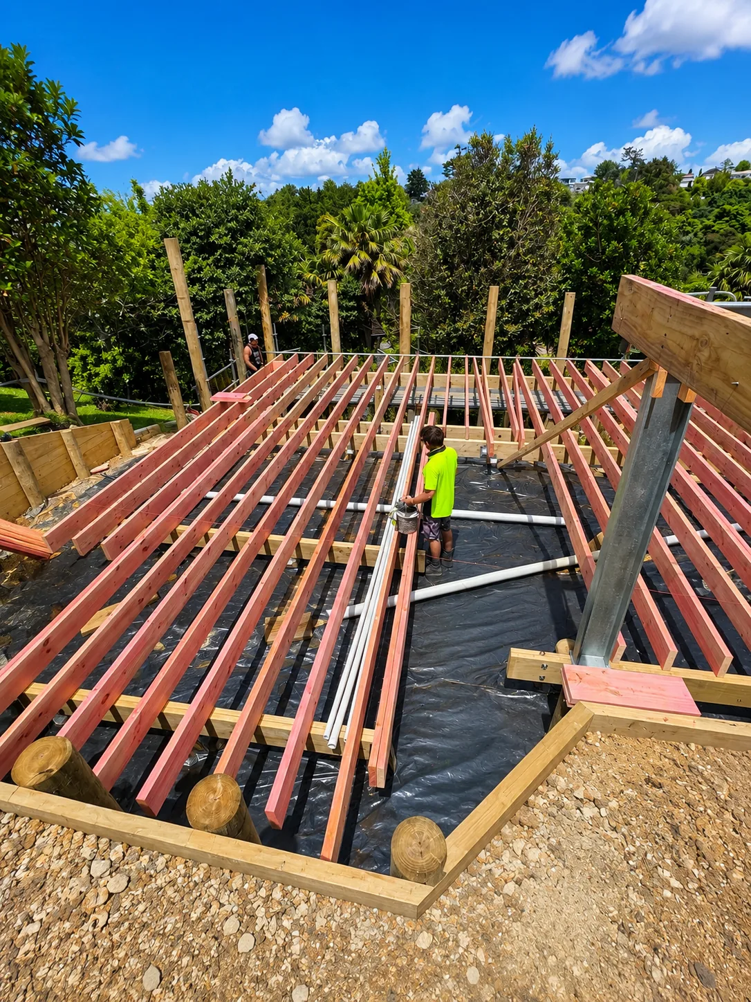 Deck framing under construction, Auckland