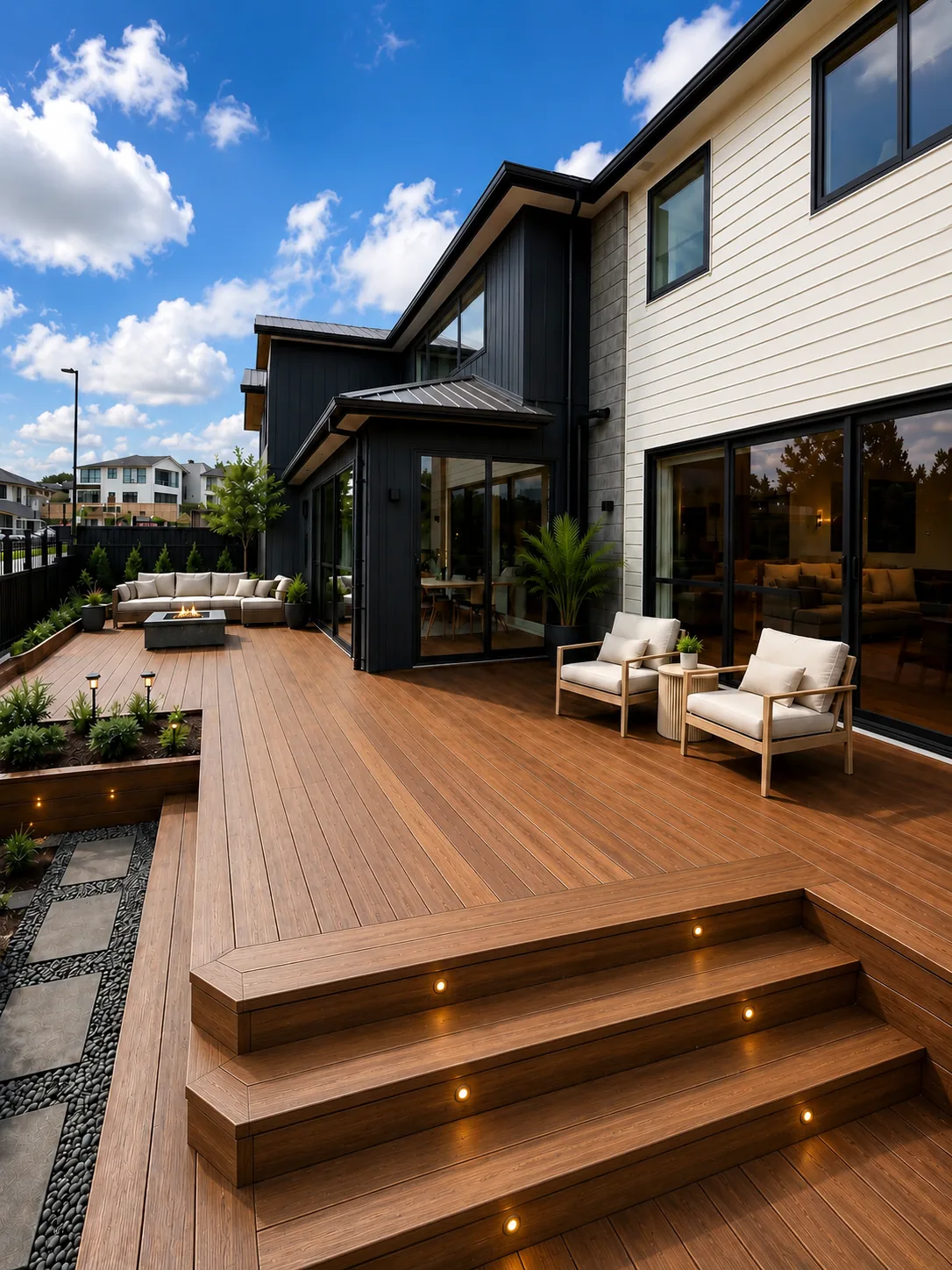 Deck build against a modern home, Auckland