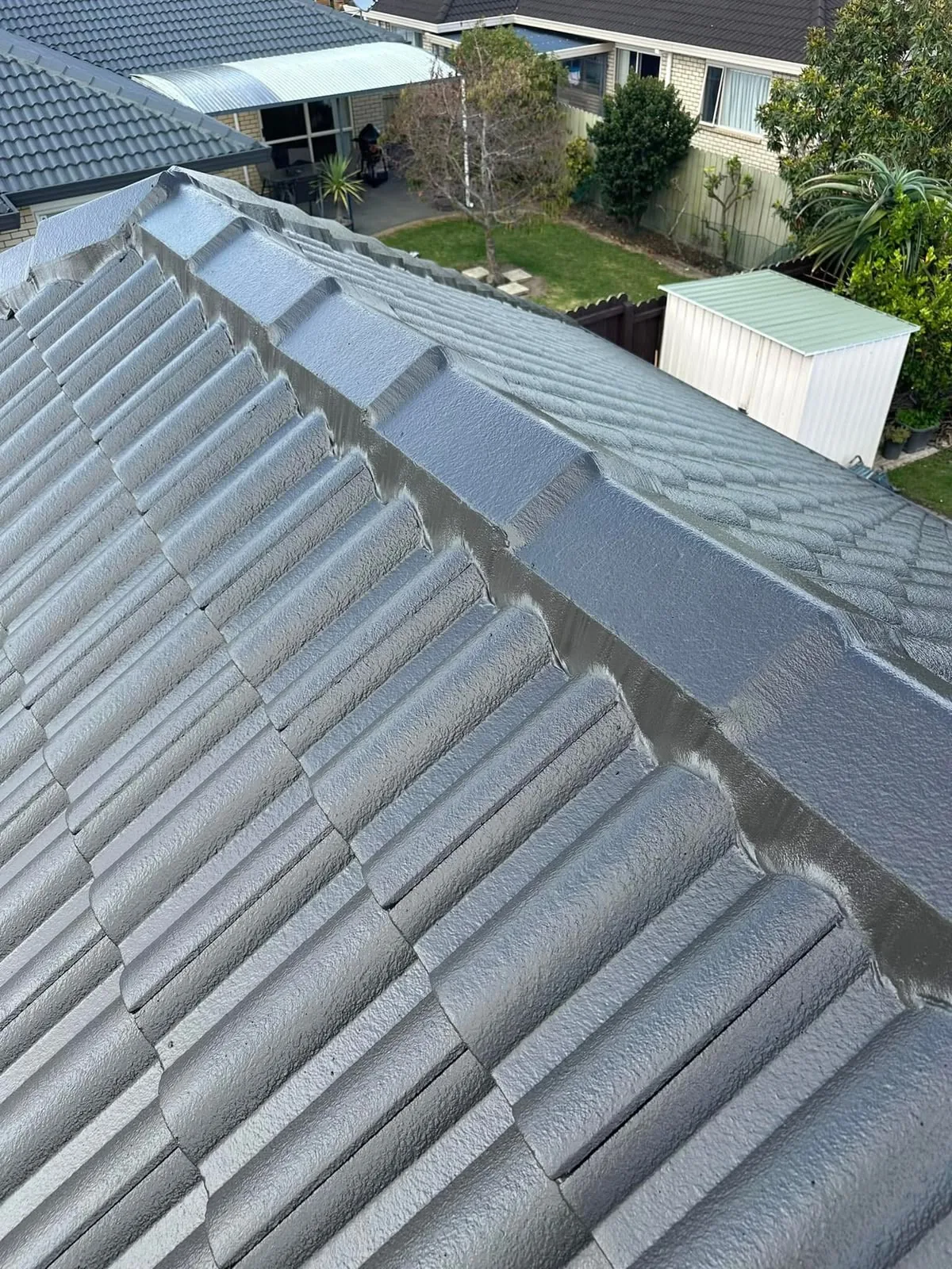 Roof re-coat, aerial view, Auckland